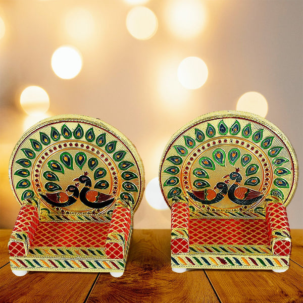 Meenakari Work Laddu Gopal Singhasan for Pooja Mandir Wooden Krishna Ladoo Bal Gopal Sofa Asan, Home Decorative Premium Look Decorative Singhasan Suitable For Home, Office, Restaurant (2 Pc Set) Your Brand