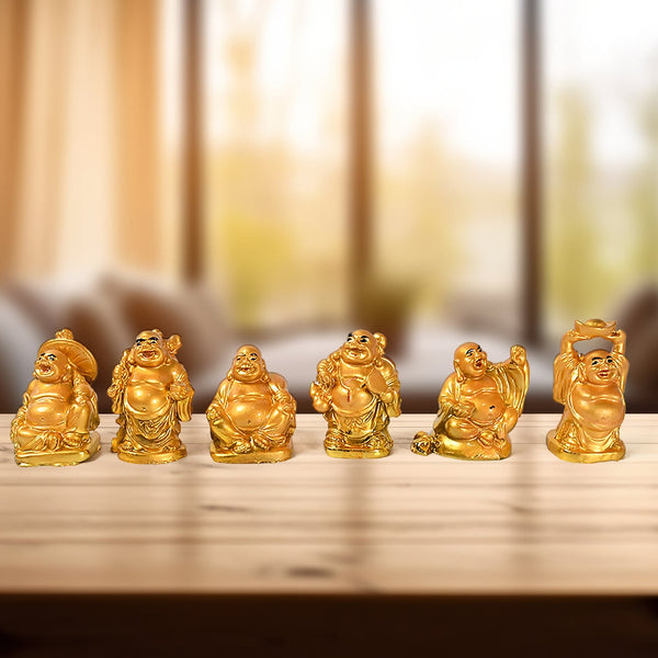 Golden Laughing Buddha Set Of Six Pieces Statue For Happiness, Wealth & Good luck Decor For Wealth and Success (6 Pcs Set) Your Brand