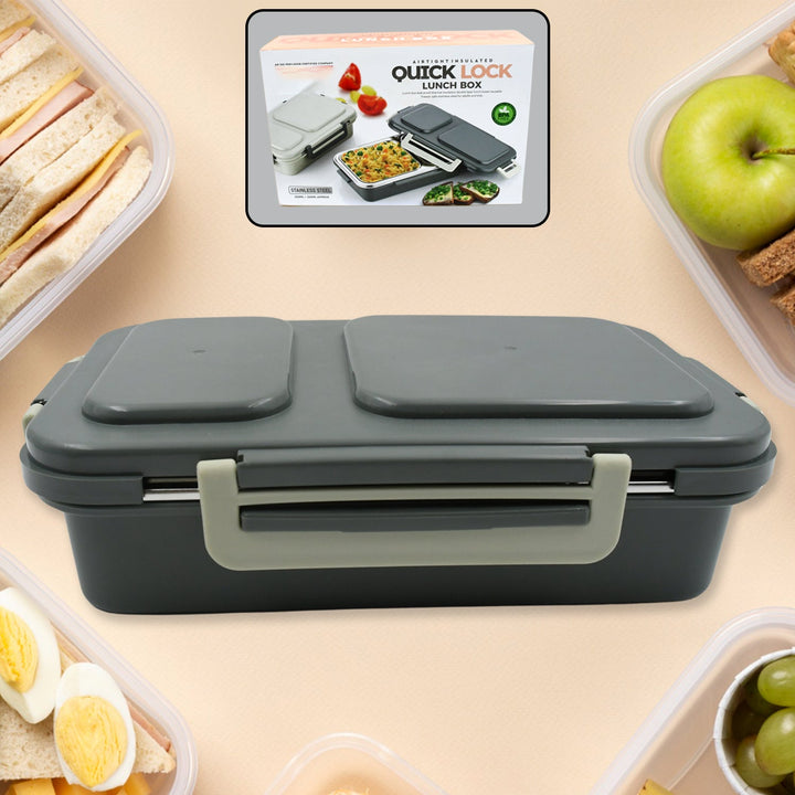 Miracle Quick Lock Leak Proof 2 Compartment Stainless Steel LUNCH BOX Inner Plate Reusable Microwave Freezer Safe Lunch Box Trendy Thermal Insulation Leak Proof for Office Vacuum Tiffin Box for Boys / Girls / School / Office Women and Men  Your Brand