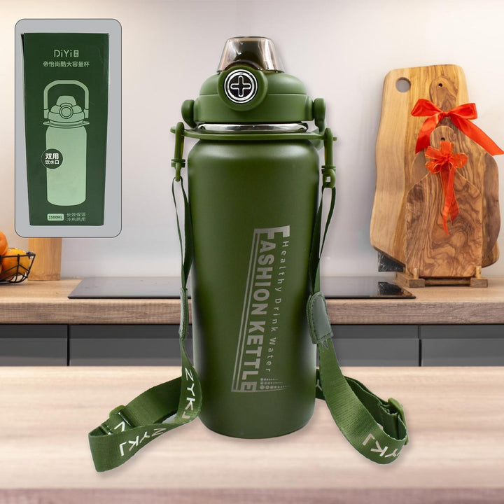 Stainless Steel Water Bottle with Straw, Strap & Handle  Vacuum Insulated Thermos Flask Double-Walled Coffee Thermos Flask Leak-proof Water Bottle for Sports, Fitness, Gym (1500ML) Your Brand