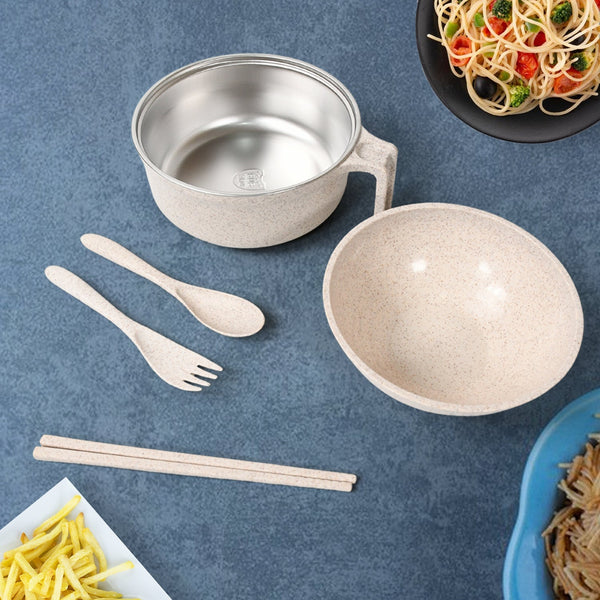 Rice Bowl Noodle 1 Bowl with 1 Lid and Handle Wheat Straw Noodle Bowls with Wheat Straw 1 Fork, 2 Chopsticks, 1 Spoon for Soup Salad Snack Set (6 Pcs Set) Your Brand