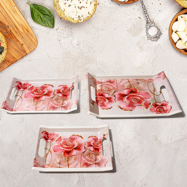Plastic Rectangular Shape Flower Printed Design Serving Tray 3 pcs Home and Kitchen Use (3 pcs set) Your Brand