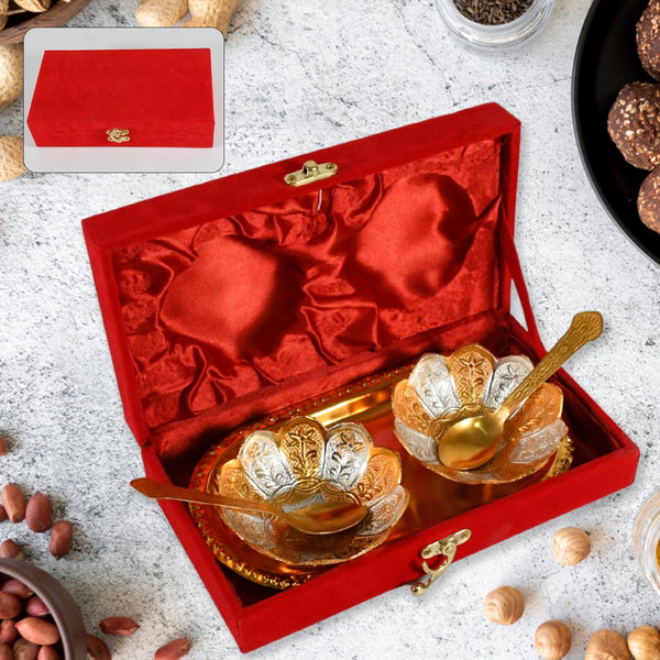 5in1 Gold Silver Plated 2 Bowl 2 Spoon Tray Set Brass with Red Velvet Gift Box Serving Dry Fruits Desserts Gift Your Brand