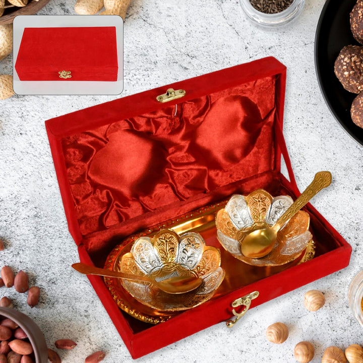 5in1 Gold Silver Plated 2 Bowl 2 Spoon Tray Set Brass with Red Velvet Gift Box Serving Dry Fruits Desserts Gift Your Brand