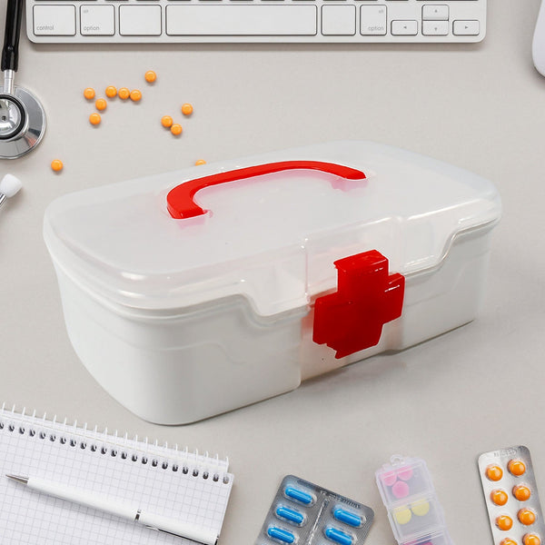 3 Compartment Medical Box, 1 Piece, Indoor Outdoor Medical Utility, Medicine Storage Box, Detachable Tray Medical Box Multi Purpose Regular Medicine, First Aid Box with Handle, Transparent Lid & Color Box  Your Brand