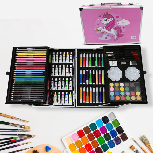 Professional Art Set-Drawing Painting Sketching Coloring Kids Set All in 1 Art Case Perfect for Kids with Unicorn Design Case, Shading Crayons Oil Pastels Color Set Watercolor Cakes Paint Brush Sharpener Eraser (145 Pcs Set) Your Brand
