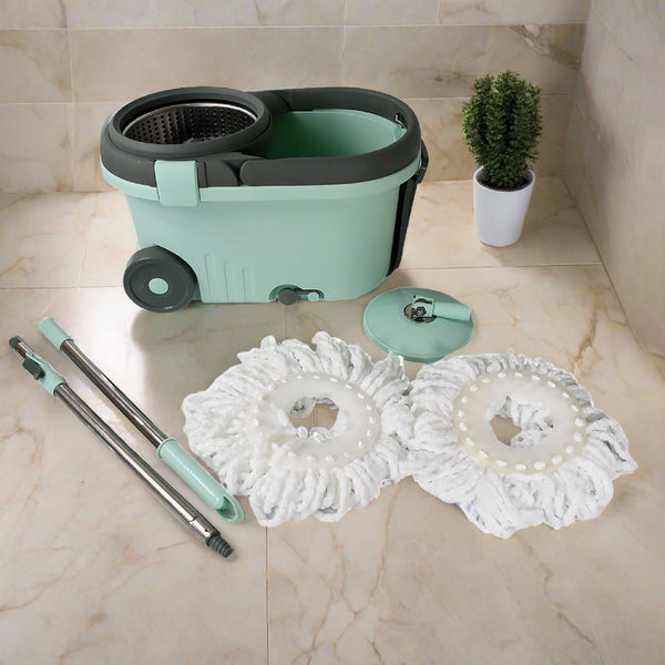 Ganesh Quick Spin Mop Steel Spin, Bucket Floor Cleaning, Easy Wheels & Big Bucket, Floor Cleaning Mop With Bucket, 2 Micro fiber head / Refill Your Brand