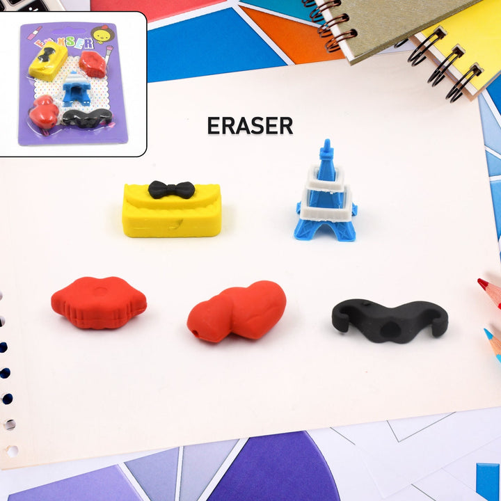 Mix Design 1 Set Fancy & Stylish Colorful Erasers for Children Different Designs & Mix, Eraser Set for Return Gift, Birthday Party, School Prize (1 Set) Your Brand