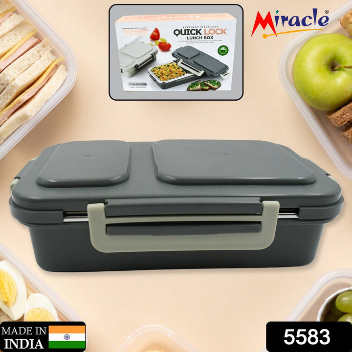 Miracle Quick Lock Leak Proof 2 Compartment Stainless Steel LUNCH BOX Inner Plate Reusable Microwave Freezer Safe Lunch Box Trendy Thermal Insulation Leak Proof for Office Vacuum Tiffin Box for Boys / Girls / School / Office Women and Men  Your Brand