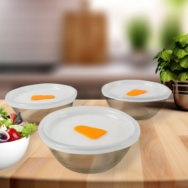 Bista Glass Serving & Mixing Bowls with Plastic Lid | Oven & Microwave Safe & Dishwasher Safe | Scratch Resistant | Transparent | For Household Gift For Birthday (3 Pcs set / 250 ML Approx) Your Brand