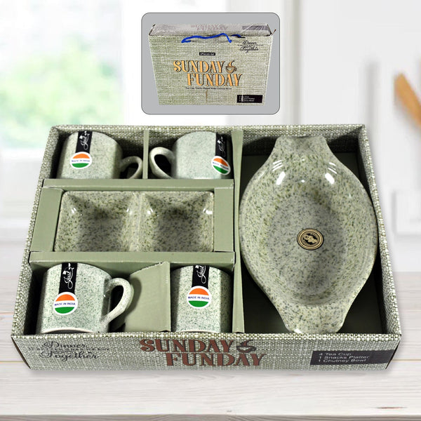 Sunday Funday Ceramic Tea / cups / Mug With Plastic Snacks Platter and 2 compartment Chutney Bowl Milk Cup, Coffee Cup, Breakfast Cup, Drinking Mug or Outdoor for Household, Gift for Birthday, Wedding Party (6 Pcs set) Your Brand