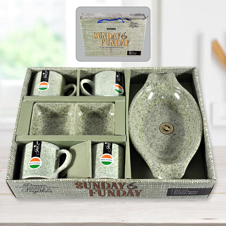 Sunday Funday Ceramic Tea / cups / Mug With Plastic Snacks Platter and 2 compartment Chutney Bowl Milk Cup, Coffee Cup, Breakfast Cup, Drinking Mug or Outdoor for Household, Gift for Birthday, Wedding Party (6 Pcs set) Your Brand