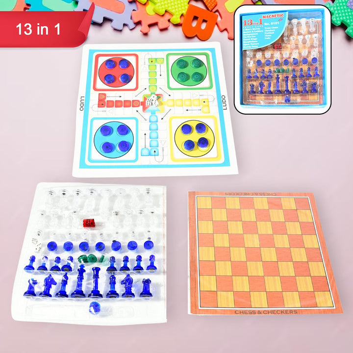 13 in 1 Family Board Game Chess, Snakes & Ladders, Ludo, Tic-Tac-Toe, Checkers, Travel Bingo, Football, Space Venture, Steeplechase Set for Kids Your Brand
