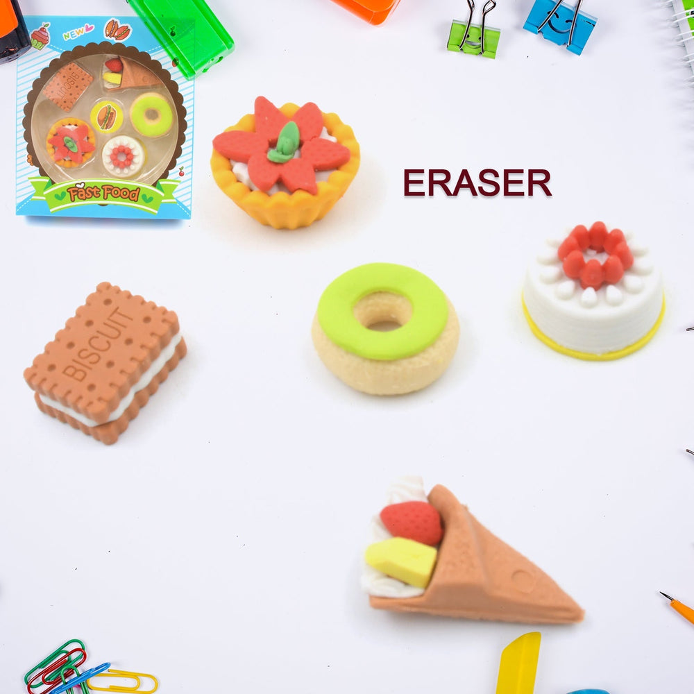 3D Fast Food Fancy & Stylish Colorful Erasers, Mini Eraser Creative Cute Novelty Eraser for Children Different Designs Eraser Set for Return Gift, Birthday Party, School Prize, Fast Food Set Eraser ( 5 pc Set ) Your Brand