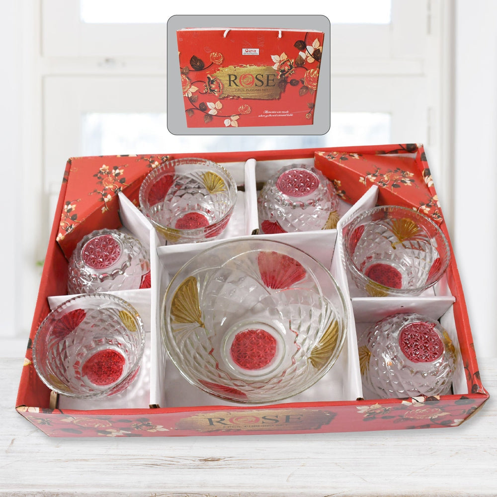 Rose glass Multipurpose Pudding / Dessert / Ice Cream Bowl Set for Home use, Home & Kitchen Serving Bowl for Sundae, Sweets, Snacks, Fruit, Pudding, Nuts or Dip, Serving Bowls 6 Medium & 1 Big Bowl (Set of 7 pc) Your Brand