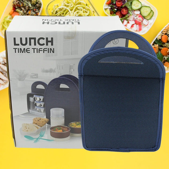 6In1 Tiffin Box-Lunch Box | 3 Stainless Steel Containers | Plastic lid Box | Spoon & Fork /Plastic Bottle | Insulated Fabric Bag | Leak Proof | Microwave Safe  for Office, College and School for Men, Women (6 pcs) Your Brand