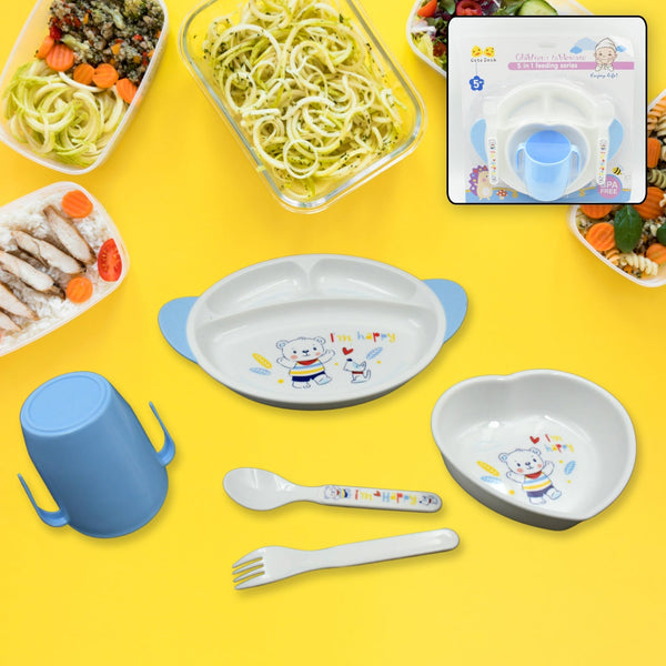 5in1 Baby Feeding Set for Kids and Toddlers,Children Children Dinnerware Set - Feeding Set for Kids, Cartoon Design Plate, Cup, Spoon, Fork  Tableware Cutlery for Kids Microwave (5 Pcs Set) Your Brand