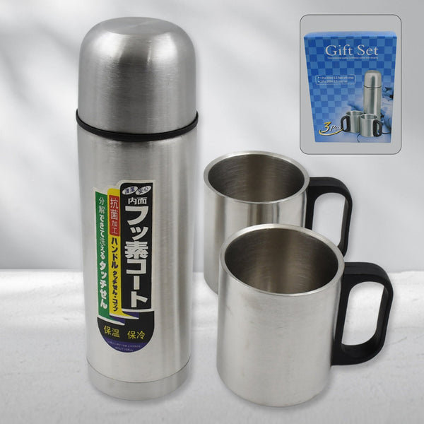 Double Wall Stainless Steel Thermos Flask 500ml Vacuum Insulated Gift Set with Two Cups Hot & Cold, Stainless Steel, Diwali Gifts for Employees, Corporate Gift Item (3 Pcs Set) Your Brand