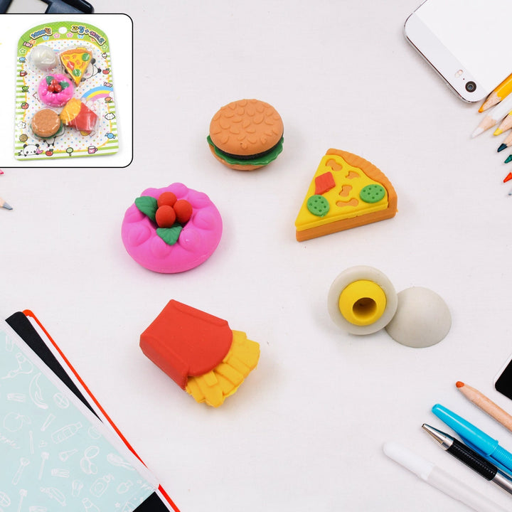 3D Food Shape Fancy & Stylish Colorful Erasers, Mini Eraser Creative Cute Novelty Eraser for Children Eraser Set for Return Gift, Birthday Party, School Prize(5 Pcs Set) Your Brand