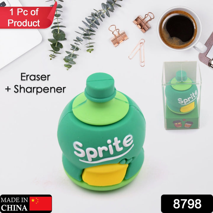 2-in-1 3D Cold Drink Bottle Shape Rubber Pencil Sharpener and Eraser Set, Stationery for Kids School Boys Girls, Birthday Return Gifts (1 Pc ) Your Brand