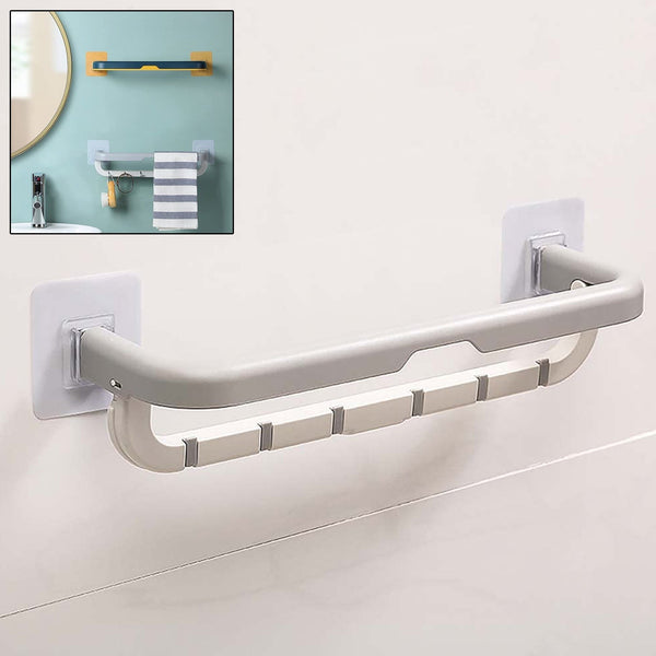 Wall-Mounted Double Bar Towel Holder with Hooks & Adjustable Folding Shelf Your Brand
