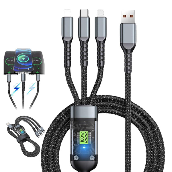 3-in-1 Super Fast Charging Cable 100w, Multifunctional Convenient Super Fast Charging Cable Nylon Braided Cord, 3-in-1 Silicone Zinc Alloy 3 Head Charging Cable Your Brand
