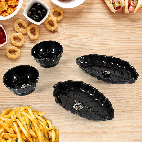 Ertiga Round Ceramic Bowl With Plastic leaf shape Serving platter Portable, Lightweight Breakfast, Serving Bowl | Highly Durable Material | Ideal for Rice, Pasta, Desserts Home & Kitchen Serving Bowl & platter (4 Pcs set) Your Brand