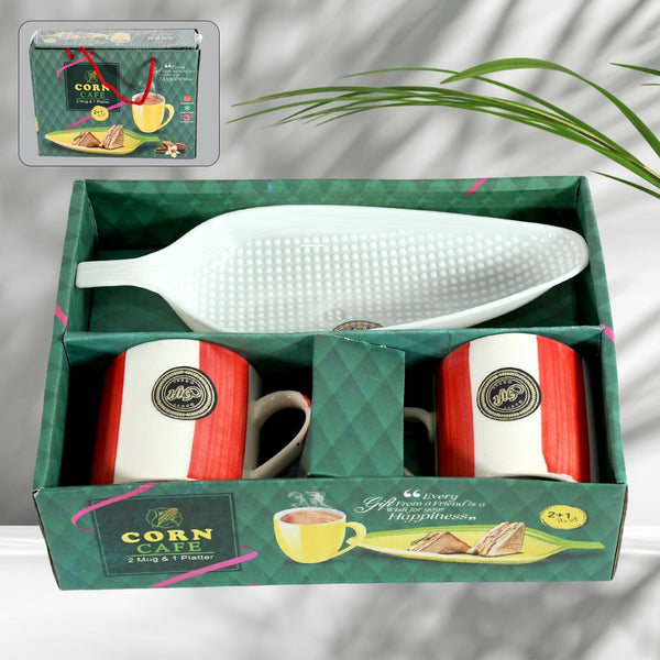 Corn Cafe Ceramic Tea / Cups Set Including Plastic Leaf Shape Serving Platter Milk Cup, Coffee Cup, Tea Cup, Breakfast Cup / Mug, or Outdoor for Household Gift For Birthday (3 Pcs Set) Your Brand