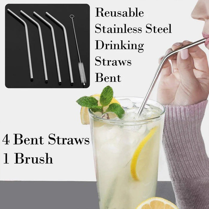 Reusable Stainless Steel Drinking Straws Bent (4 Bent Straws, 1 Brush) Your Brand
