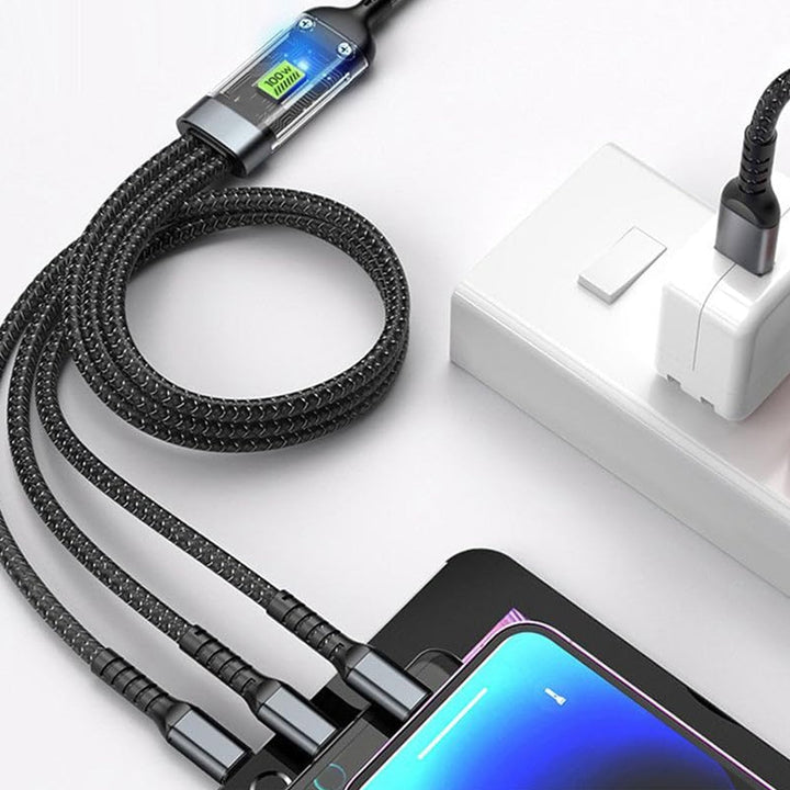 3-in-1 Super Fast Charging Cable 100w, Multifunctional Convenient Super Fast Charging Cable Nylon Braided Cord, 3-in-1 Silicone Zinc Alloy 3 Head Charging Cable Your Brand