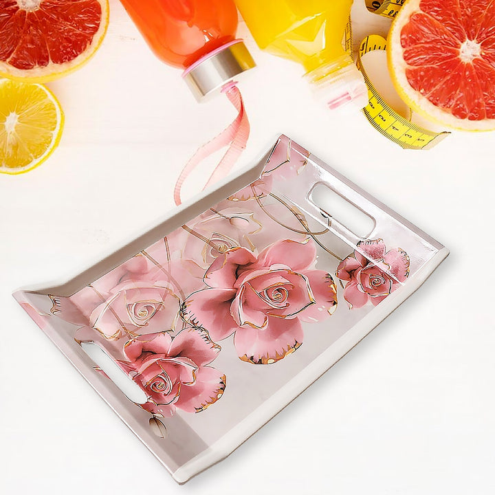 Plastic Rectangular Shape Flower Printed Design Serving Tray 3 pcs Home and Kitchen Use (3 pcs set) Your Brand