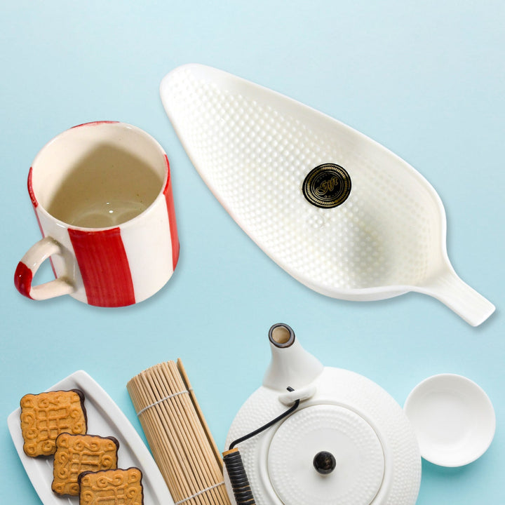 Corn Cafe Ceramic Tea / Cups Set Including Plastic Leaf Shape Serving Platter Milk Cup, Coffee Cup, Tea Cup, Breakfast Cup / Mug, or Outdoor for Household Gift For Birthday (3 Pcs Set) Your Brand