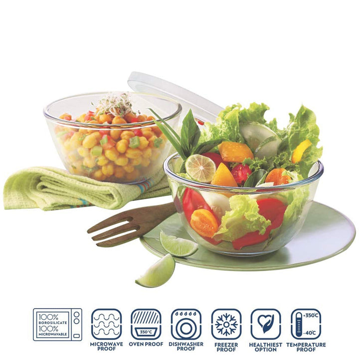 Bista Glass Serving & Mixing Bowls with Plastic Lid | Oven & Microwave Safe & Dishwasher Safe | Scratch Resistant | Transparent | For Household Gift For Birthday (3 Pcs set / 250 ML Approx) Your Brand
