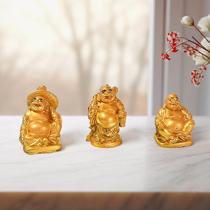 Golden Laughing Buddha Set Of Six Pieces Statue For Happiness, Wealth & Good luck Decor For Wealth and Success (6 Pcs Set) Your Brand