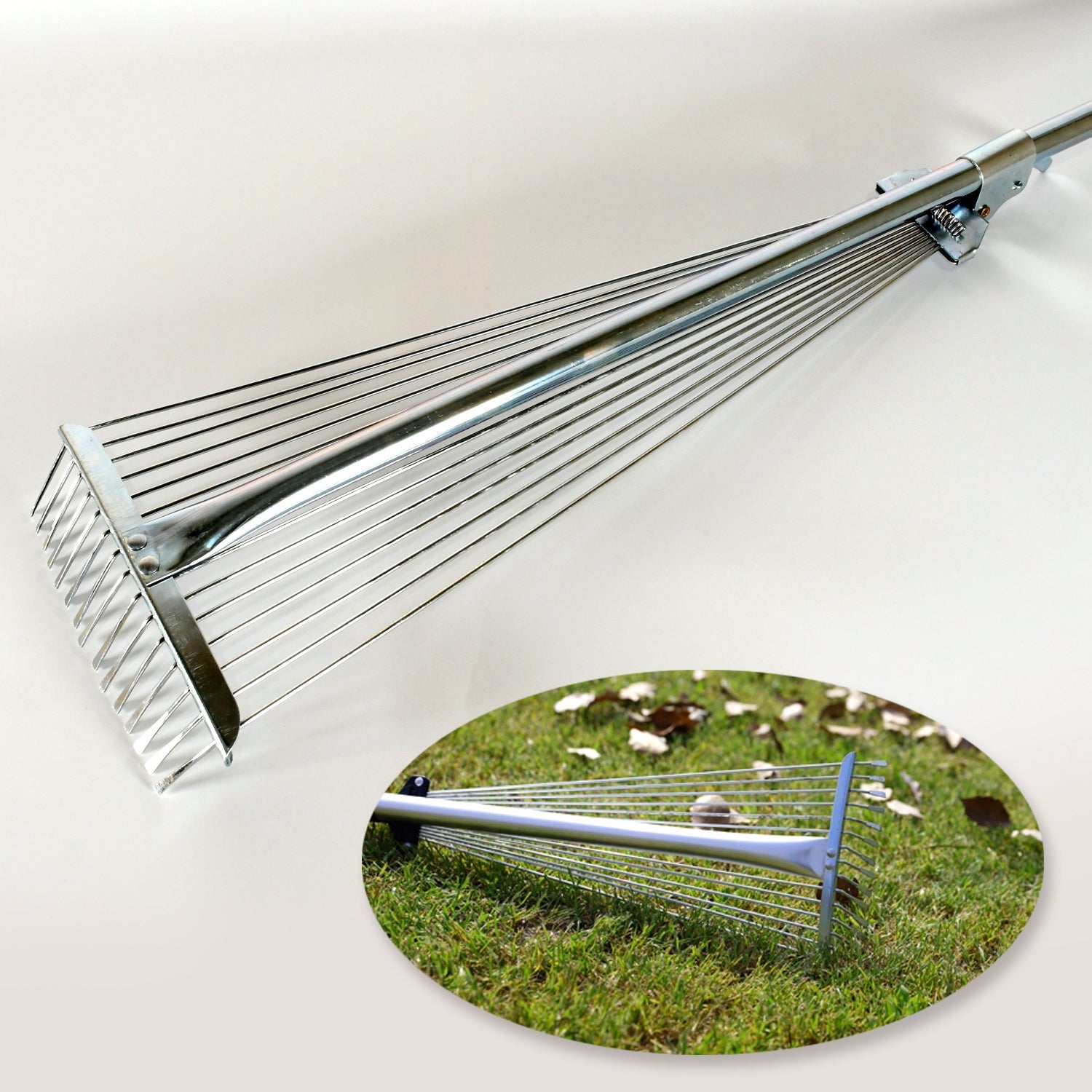 115-152 CM Rake for Gardening, Stainless Steel Telescopic Garden Rake for Quick Clean Up of Lawn and Yard, Adjustable Rake Claws Spacing Garden Broom with Long Handle for Clean Leaves (MOQ :- 12 pc) Your Brand