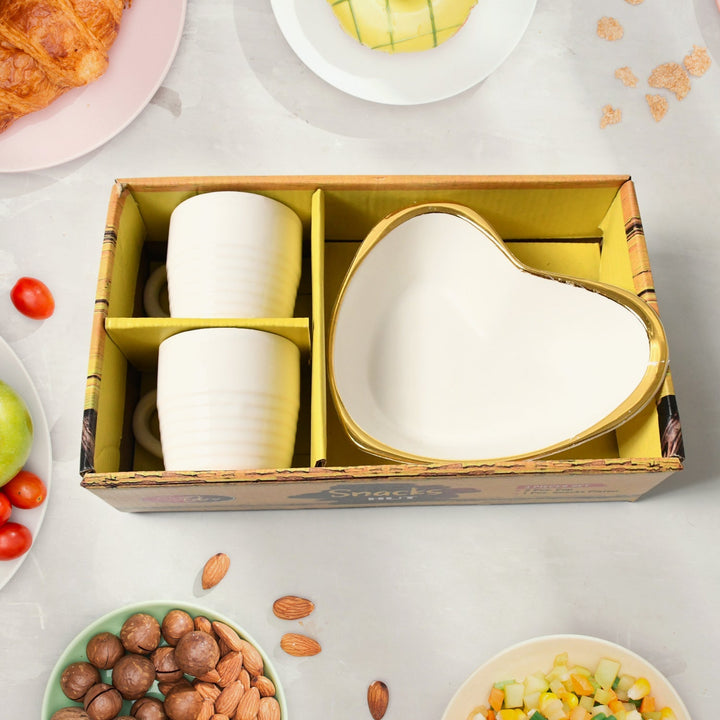 Snacks Hut Ceramic Tea / Cups Set With Heart Shape Plastic Serving Platter, Milk Cup / Mug, Coffee Cup, Tea Cup BPA Free Food Grade, or Outdoor for Household Gift For Birthday (3 Pcs Set) Your Brand