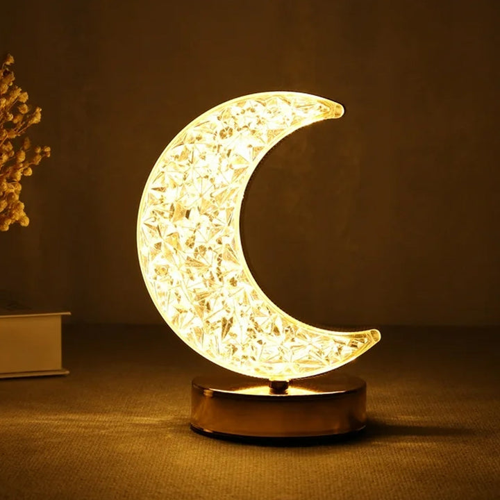 Crystal Table Lamp | Moon Shape Touch Control Lamp with 3 Color | Metal Bedside Lamp for Kids Bedroom Romantic Desktop Nightstand | Stepless Dimming USB Charging Touch Night Light Your Brand
