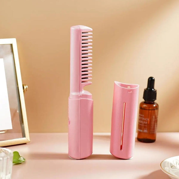 Rechargeable Mini Hair Straightener, Travel Portable USB Charging Cordless Hair Straightener Bursh, Three Temperature Adjustments Flat Iron Comb (1 Pc) Your Brand
