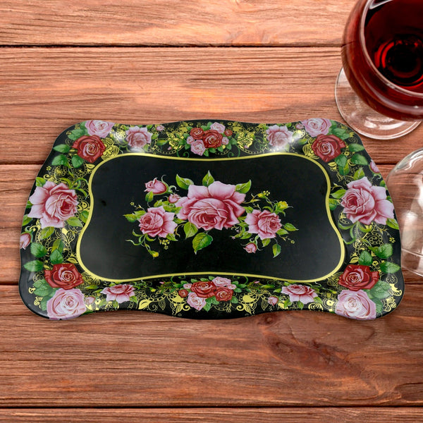 Stainless Steel Serving Tray With Flower Printed Rectangle Premium Dining Table Plate (18 x 8.5 Inch / 1 Pc) Your Brand