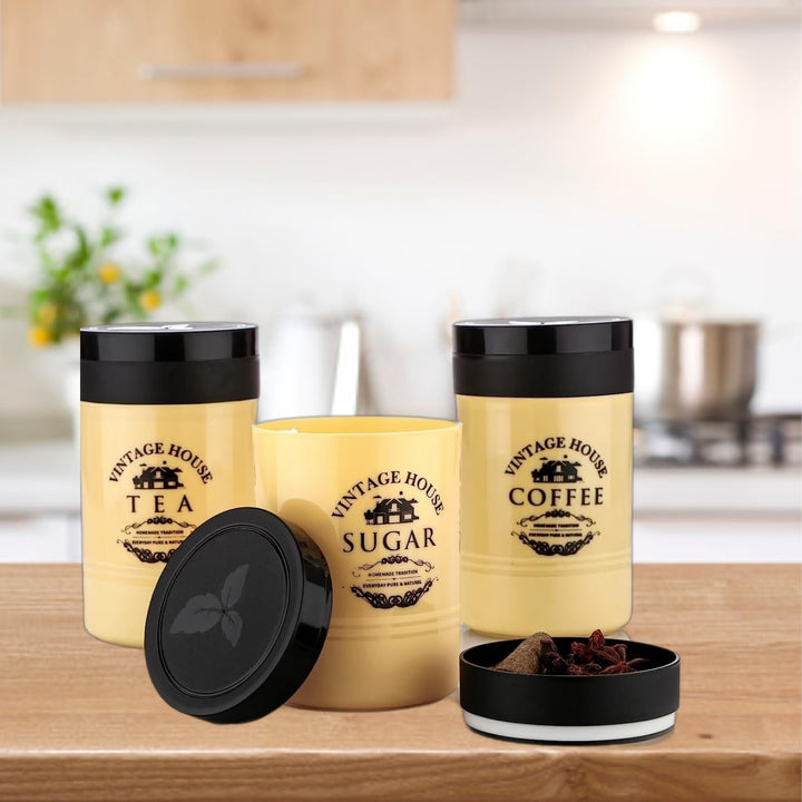 Accurate Seal Tea Sugar Coffee Container - 3 Pcs Plastic Damru Shaped Tea, Coffee, Sugar Canisters Jar, New Airtight Food Seal Containers for Salt, Dry Fruit, Grocery Multicolor (3 Pcs Set) Your Brand