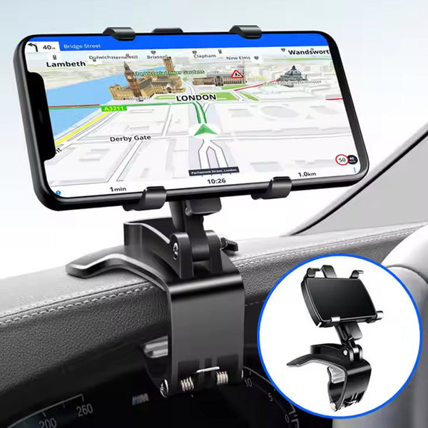 Car Phone Holder Clip Mount 360 Degree Rotation Dashboard Rear View Mirror Sun Visor Smartphone HUD Navigation Fold Stand Plastic Black Compatible For All Smart Phones Your Brand