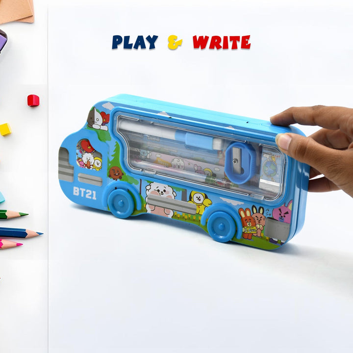 Bus Shape Compass Box for Boys, Kids School Accessories |  Pencil Box  with Wheels for Girls and Kids, String Operated Case Students School Supplies - Stationery Set Organizer Birthday Return Gift for Kids Your Brand