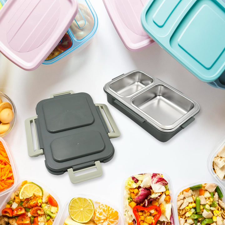 Miracle Quick Lock Leak Proof 2 Compartment Stainless Steel LUNCH BOX Inner Plate Reusable Microwave Freezer Safe Lunch Box Trendy Thermal Insulation Leak Proof for Office Vacuum Tiffin Box for Boys / Girls / School / Office Women and Men  Your Brand