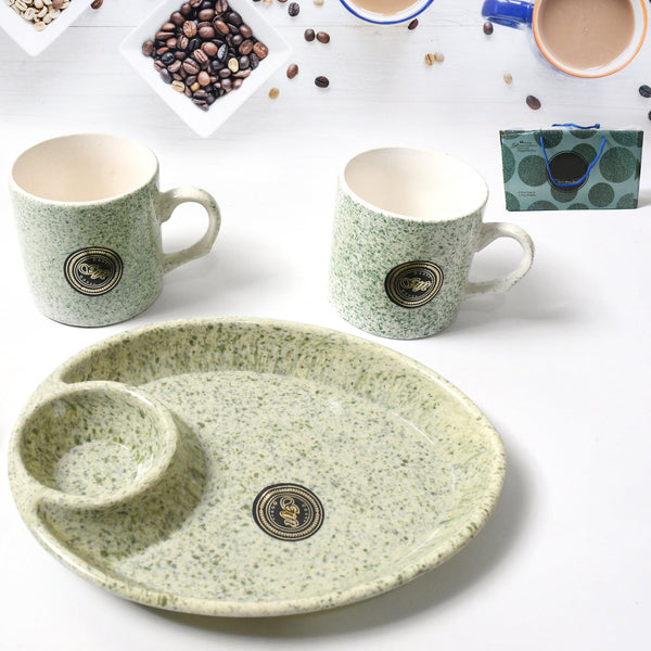 Alpino Ceramic Tea / Cups Set With Plastic Serving 2 Compartment Platter, Milk Cup / Mug, Coffee Cup, Tea Cup BPA Free Food Grade, or Outdoor for Household Gift For Birthday (3 Pcs Set) Your Brand