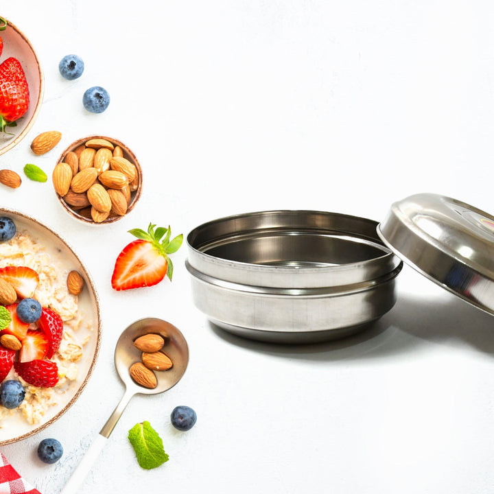 Multi-Purpose Stainless Steel Round Shape Tiffin Box - Small Gift For Baby Girl And Baby Boy For Office, School / Tuition / Picnic (big) Your Brand