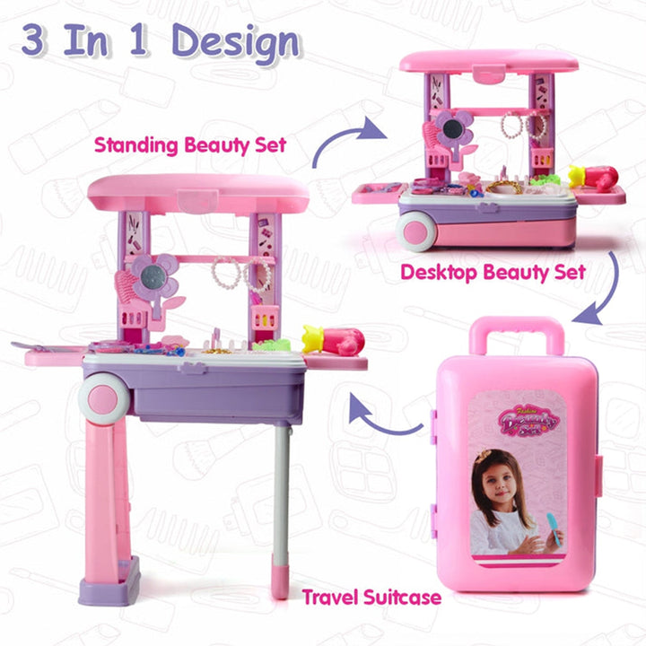 Big Beauty Set Suitcase On Wheel, The Ultimate Beauty Set On Wheels for Girls, Makeup Kit is Easy to Clean & Use, Portable Beauty Set with 25 Pieces for 3 Years BIS Approved. (Beauty Set Trolley) Your Brand