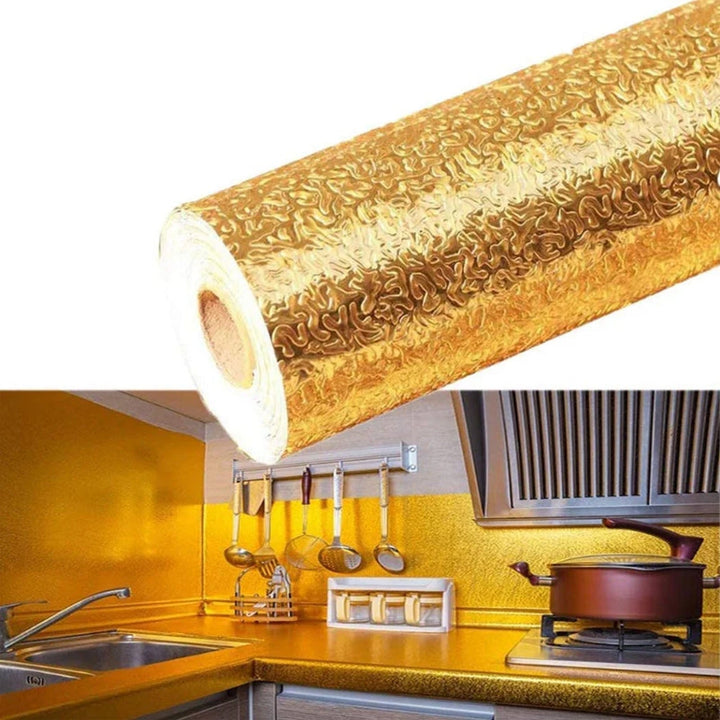 Oil Proof Sticker, Waterproof Self Adhesive Aluminum Foil Wallpaper (60 cm×2m / Golden / 1 Pc) Your Brand