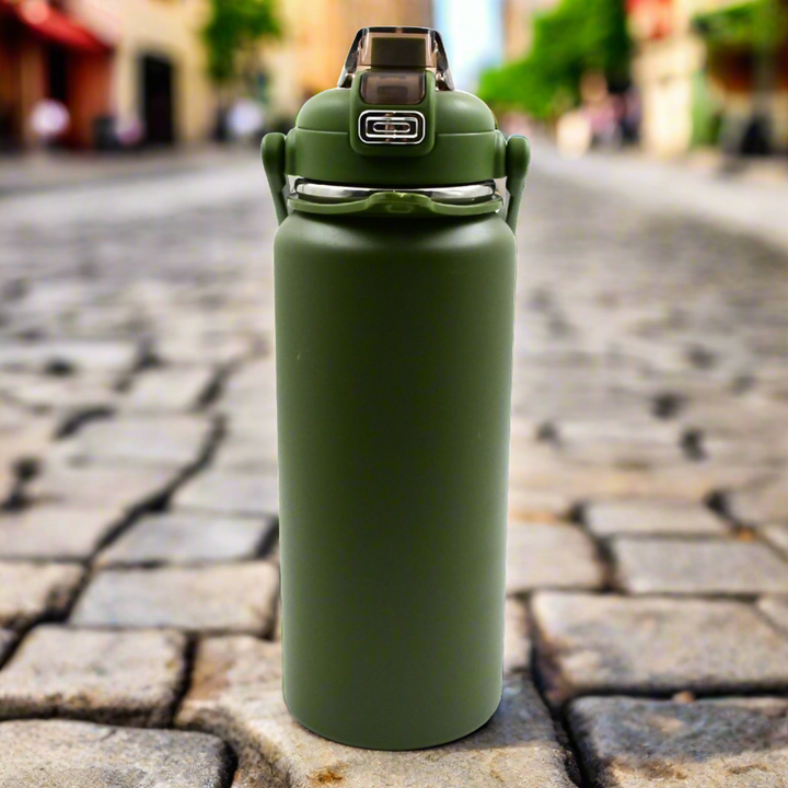 Stainless Steel Water Bottle with Straw, Strap & Handle  Vacuum Insulated Thermos Flask Double-Walled Coffee Thermos Flask Leak-proof Water Bottle for Sports, Fitness, Gym (1500ML) Your Brand