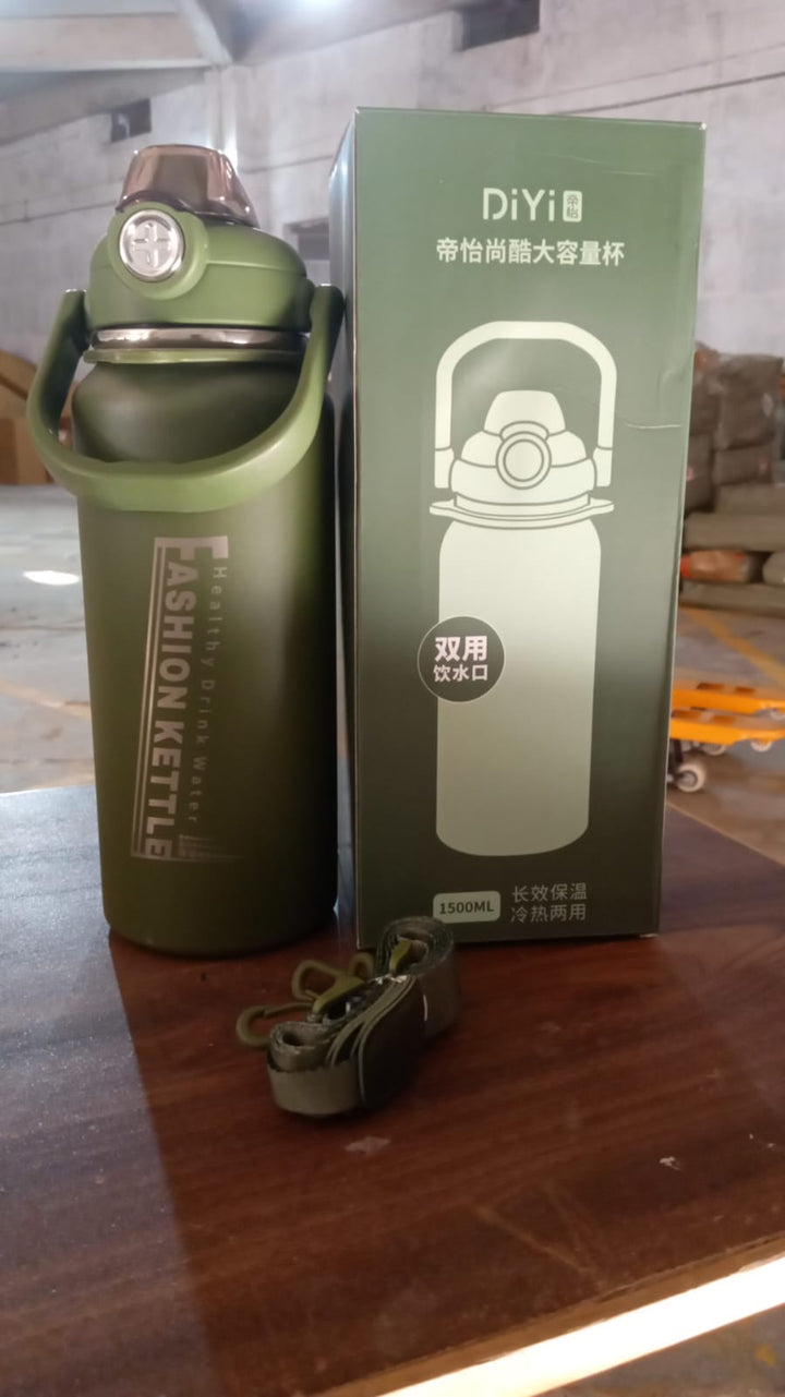 Stainless Steel Water Bottle with Straw, Strap & Handle  Vacuum Insulated Thermos Flask Double-Walled Coffee Thermos Flask Leak-proof Water Bottle for Sports, Fitness, Gym (1500ML) Your Brand