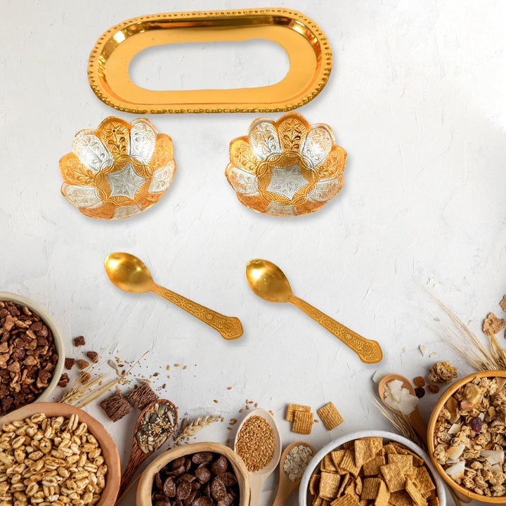 5in1 Gold Silver Plated 2 Bowl 2 Spoon Tray Set Brass with Red Velvet Gift Box Serving Dry Fruits Desserts Gift Your Brand